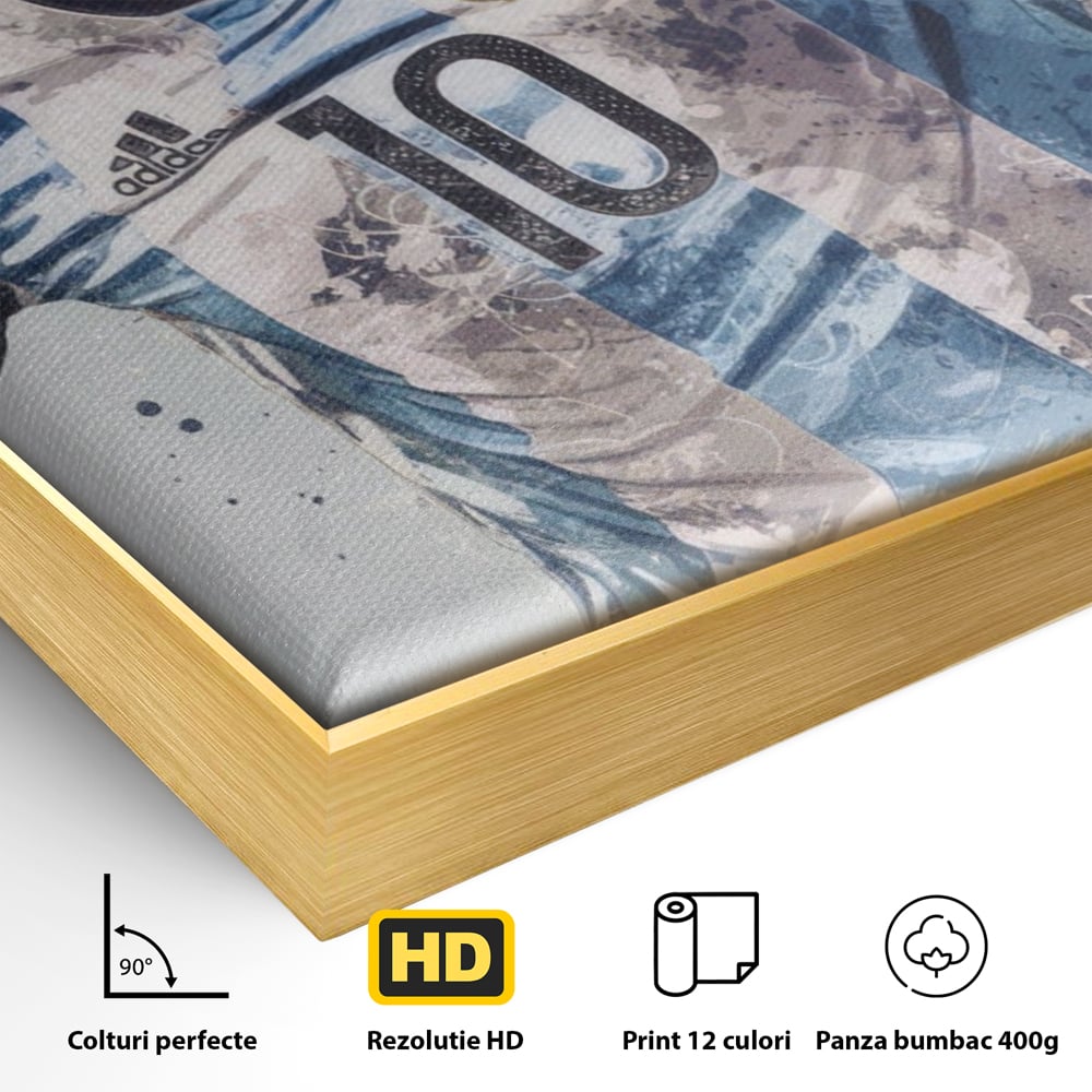 Detaliu al suprafetei: tablou canvas cu lionel messi in tricoul argentinei, in rama de aluminiu auriu
